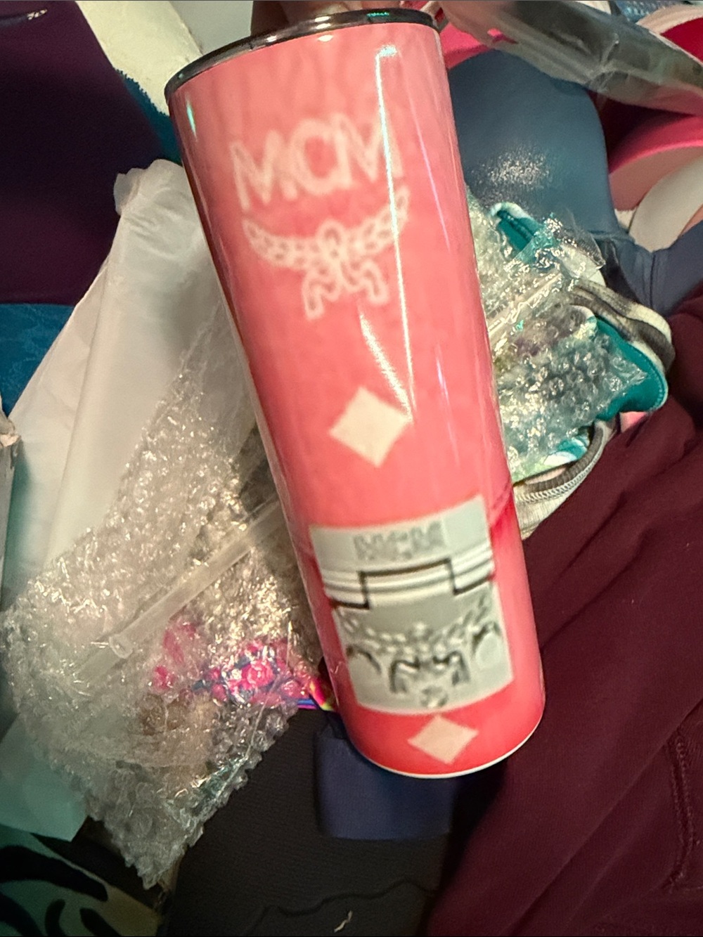 MCM Pink Logo Skinny Tumbler with Clear Lid and Straw - Picture 2 of 4